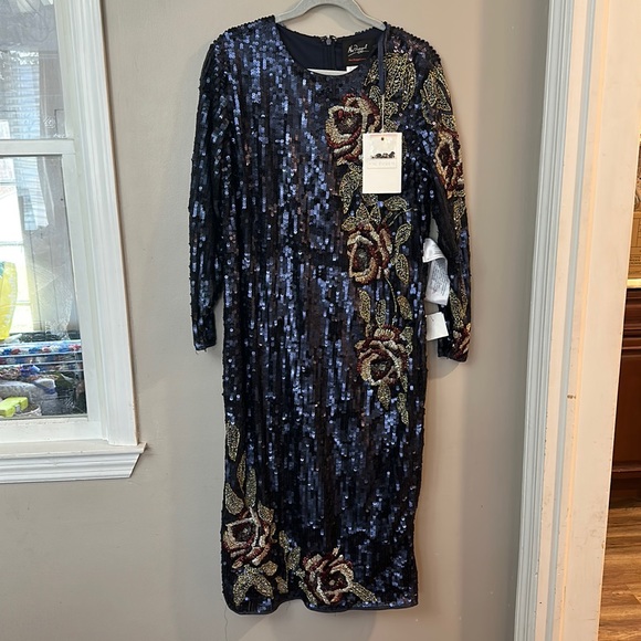 NWT Mac Duggal Sequined Asymmetrical Floral Long Sleeve Midi Dress 93624 - Picture 2 of 8